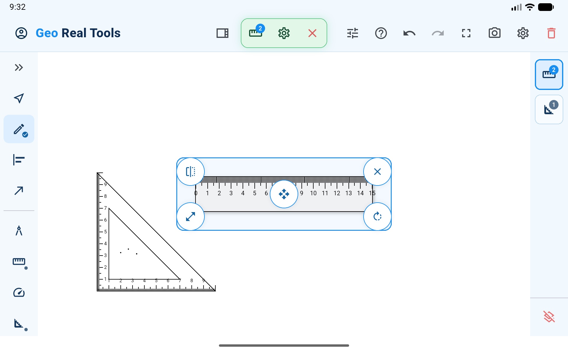 geoReal Tools workspace with drawing tools on the left, a compass and ruler on the canvas, and instrument controls